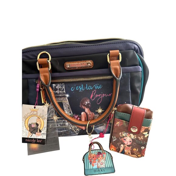 Nicole Lee USA CEst La Vie Bonjour Satchel Handbag W/ Polka Dot Lining & Matchin - Picture 3 of 12